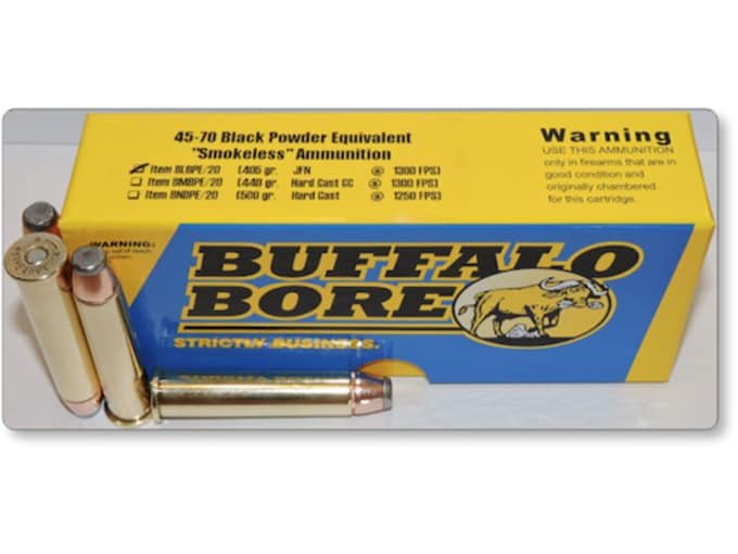 Buffalo Bore Smokeless Blackpowder Equivalent 45-70 Government Ammo 405 Grain Jacketed Flat Nose Lead Free Box of 300