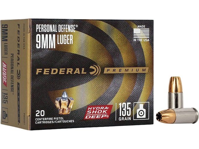 Federal Premium Personal Defense 9mm Luger Ammo 135 Grain Federal Hydra-Shok Deep Jacketed Hollow Point Box of 500