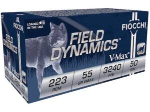 Fiocchi Field Dynamics 223 Remington Ammo 55 Grain Hornady V-Max Polymer Tip Box of 1000