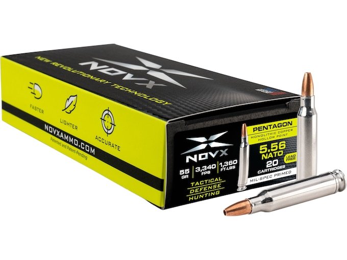 NovX Pentagon 5.56x45mm NATO Ammo 55 Grain Solid Hollow Point Lead Free Box of 500
