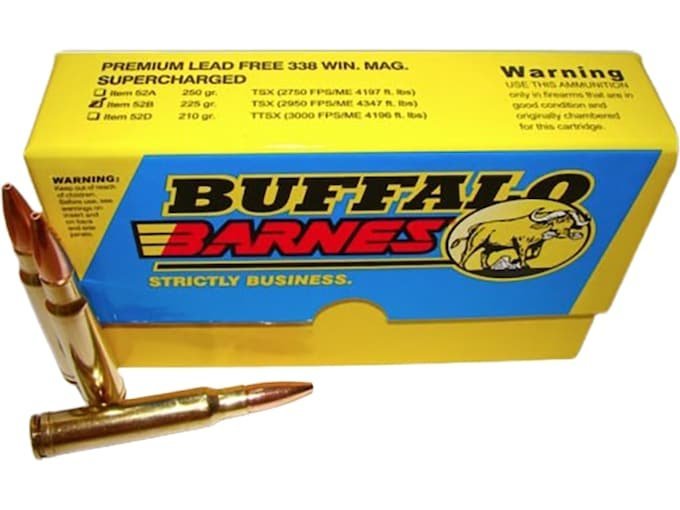 Buffalo Bore Supercharged 338 Winchester Magnum Ammo 225 Grain Barnes TSX Solid Hollow Point Lead Free Box of 250
