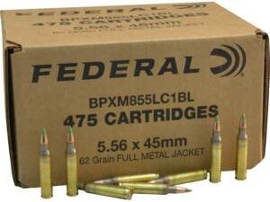Federal Ammunition 5.56x45mm NATO 62 Grain XM855 SS109 Penetrator Full Metal Jacket Boat Tail Box of 1000