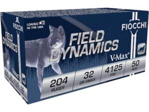Fiocchi Field Dynamics 204 Ruger Ammo 32 Grain Hornady V-Max Polymer Tip Box of 500
