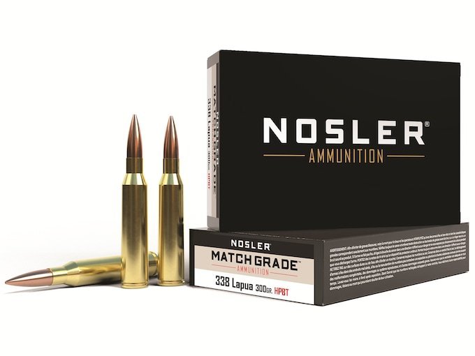 Nosler Match Grade 338 Lapua Magnum Ammo 300 Grain Nosler Custom Competition Jacketed Hollow Point Box of 200