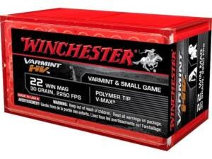 Winchester Varmint High Velocity 22 Winchester Magnum Rimfire (WMR) Ammo 30 Grain Hornady V-Max Polymer Tip box of 1000